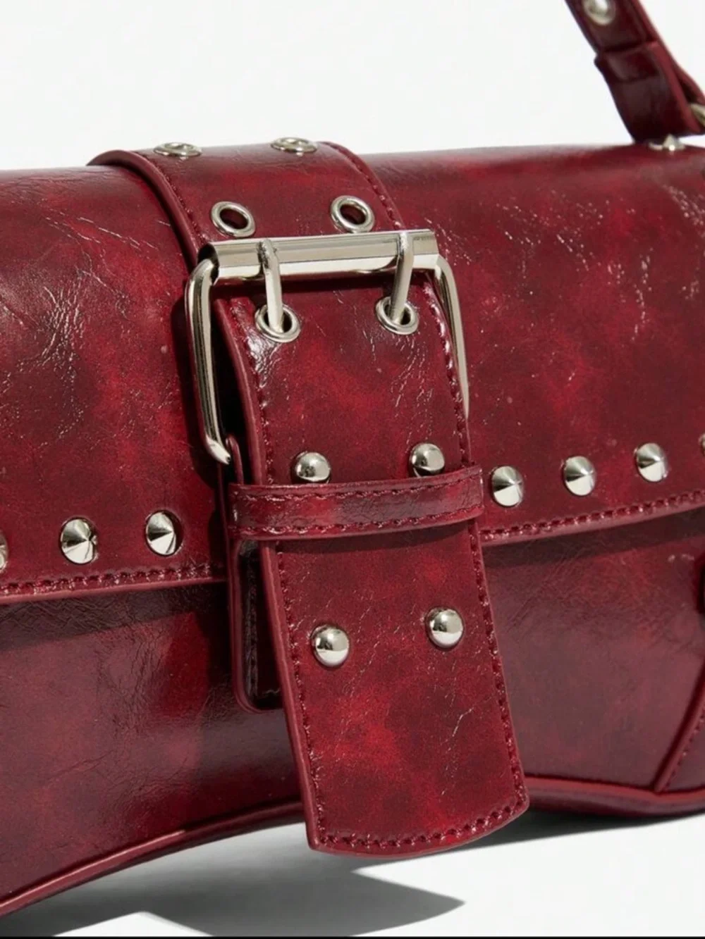 Burgundy Studded Buckle Shoulder Bag – Y2K Vintage Edgy Mini Handbag - Picture 5 of 8
